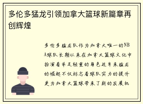 多伦多猛龙引领加拿大篮球新篇章再创辉煌