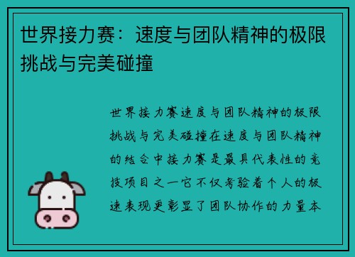 世界接力赛：速度与团队精神的极限挑战与完美碰撞
